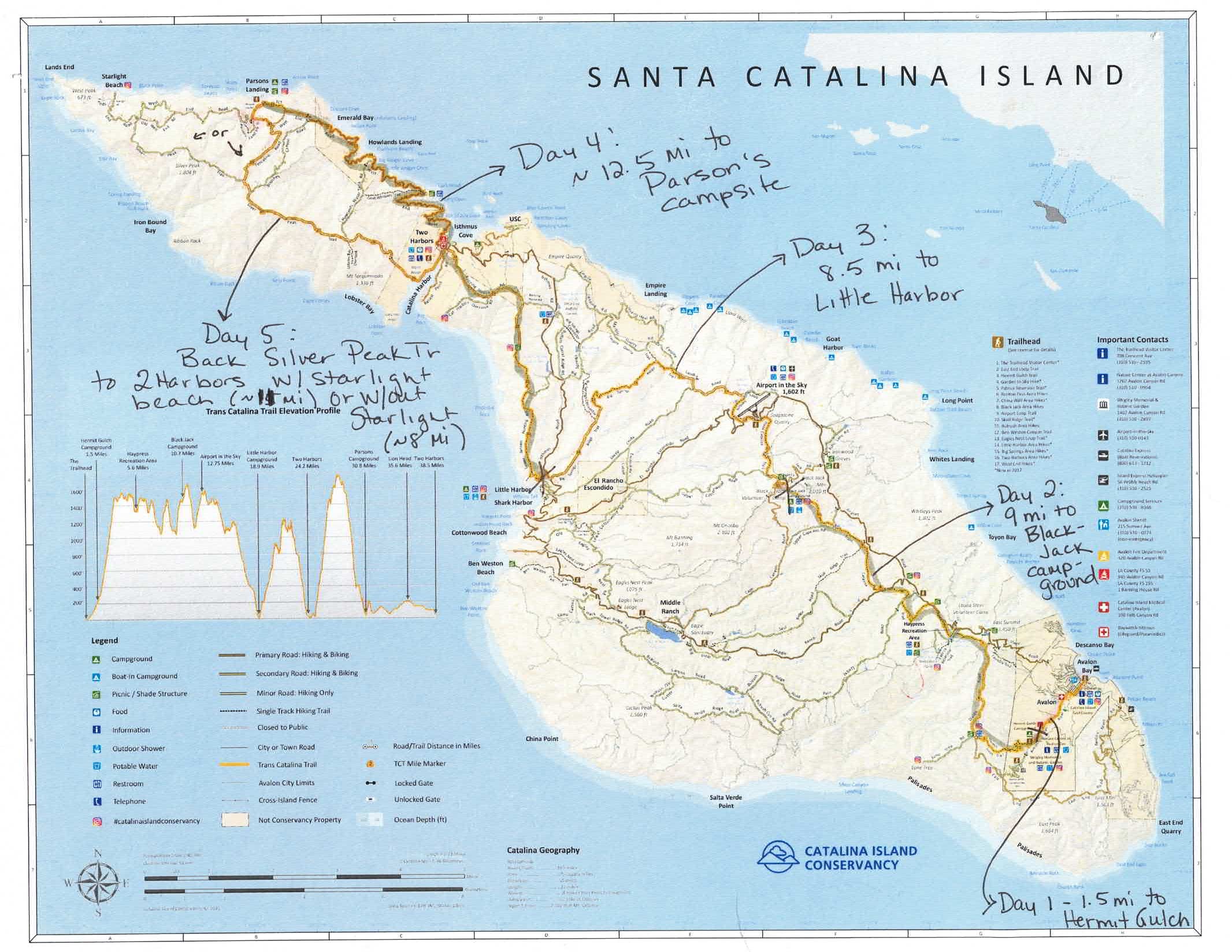 Planning map for the Trans Catalina Trail.