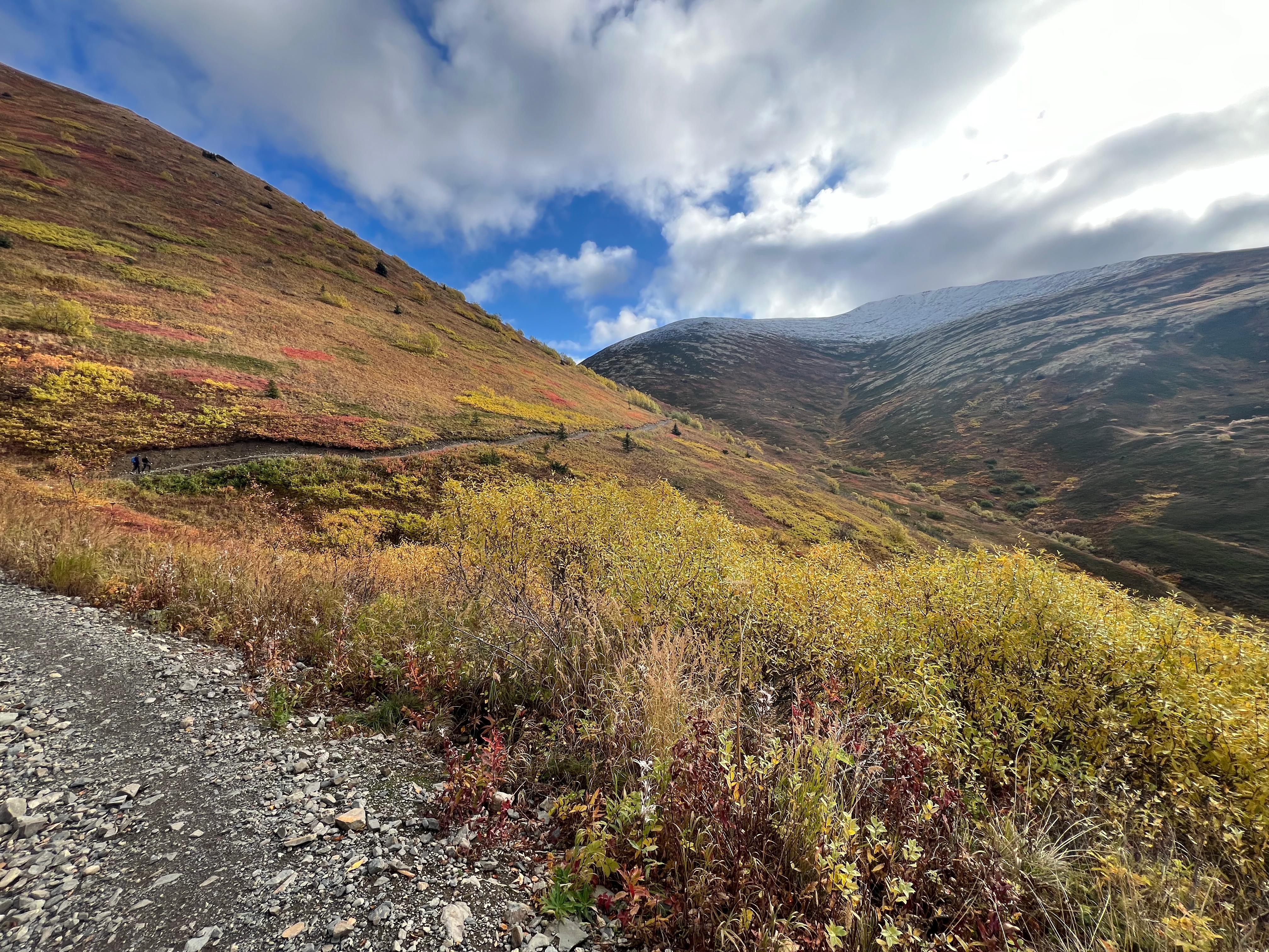 Snow caps the top of mountain while the vegetation from the trail is turning to its fall colors. A wide path curves around the side of the mountain and into a high pass.