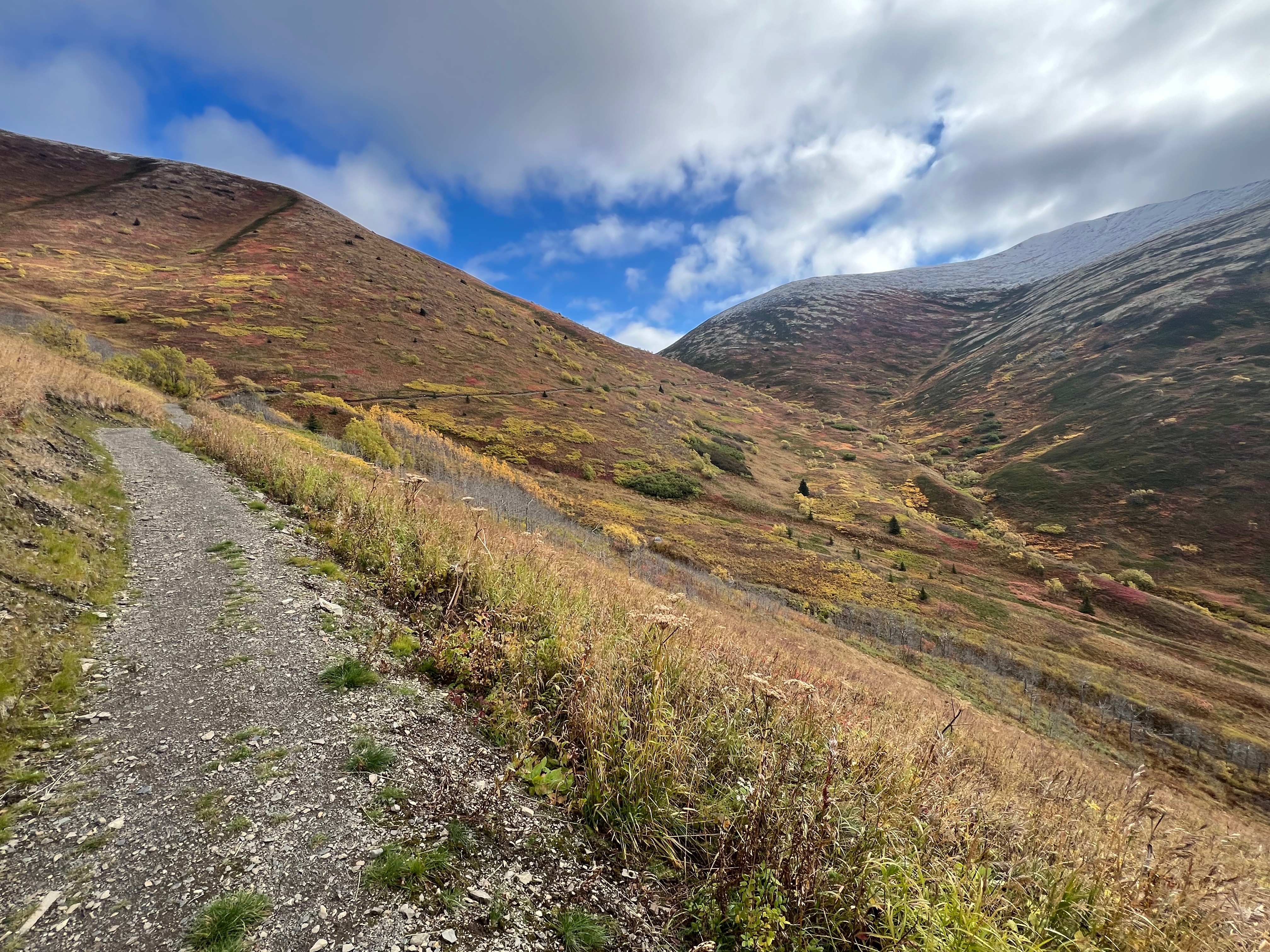 Snow caps the top of mountain while the vegetation from the trail is turning to its fall colors. A wide path curves around the side of the mountain and into a high pass.
