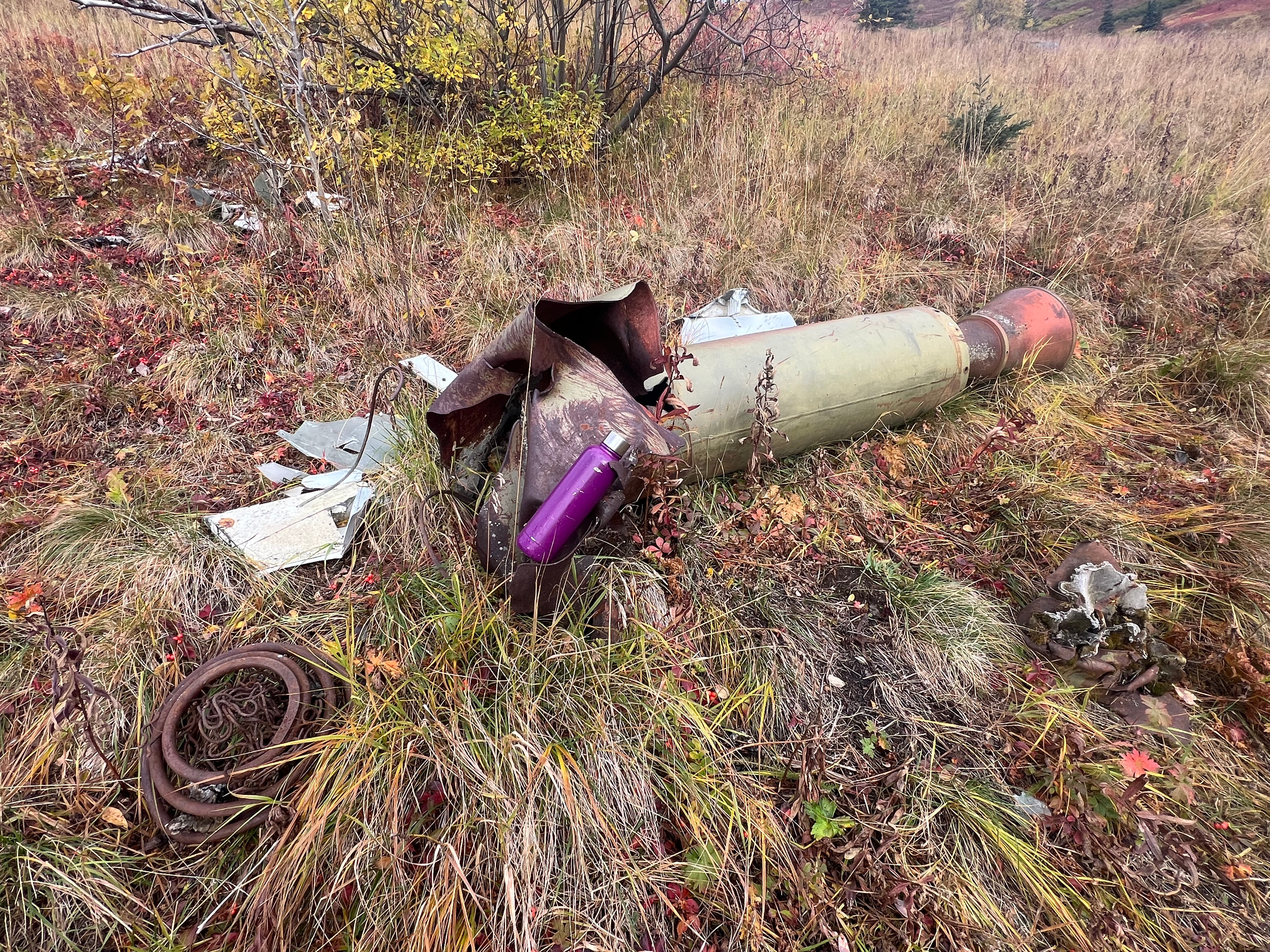 An old Nike Missile lays on the grass. The front end is destroyed. Parts and pieces are scattered about