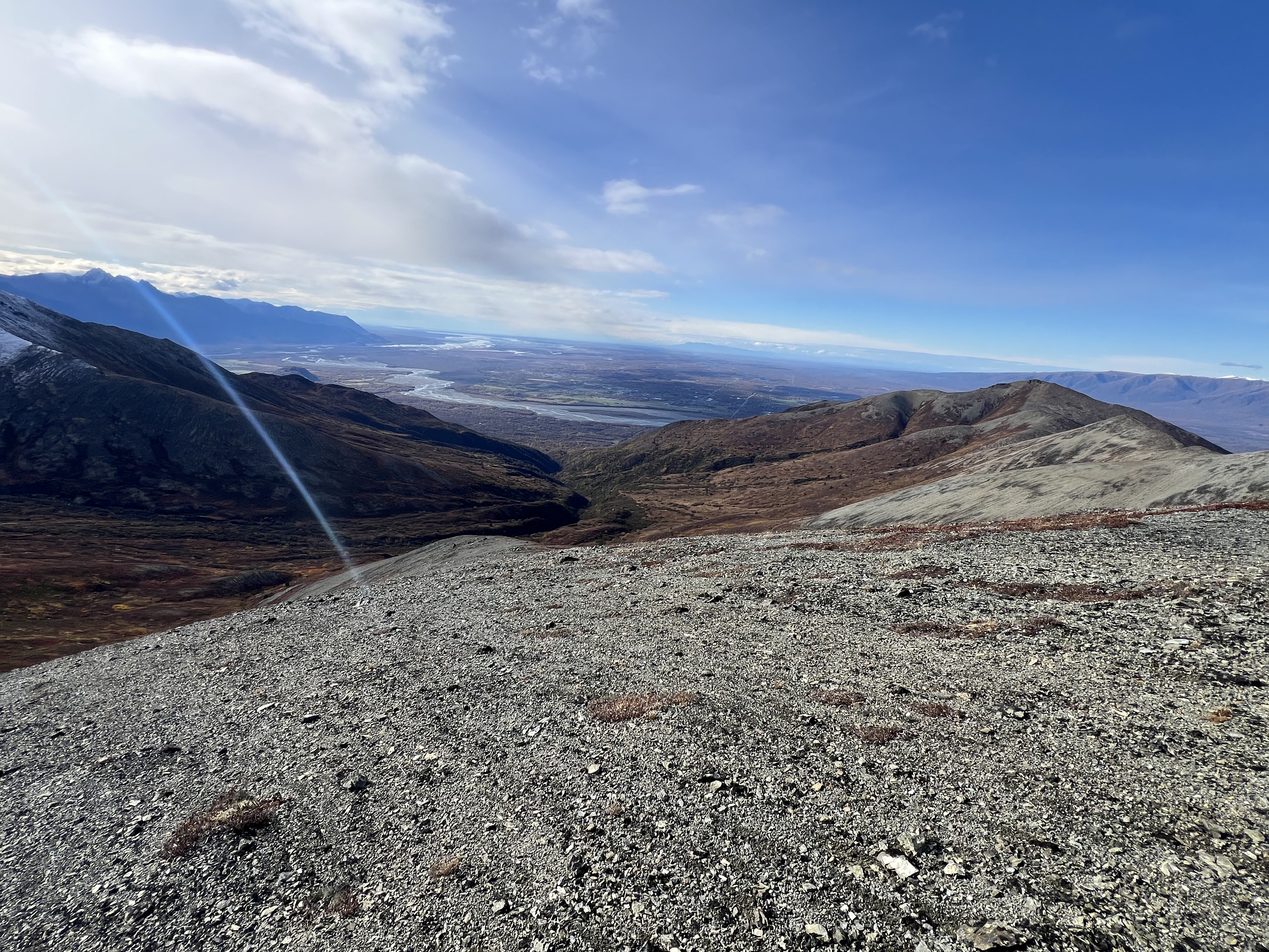 Descending down the ridgeline with the Matanuska River and Palmer below