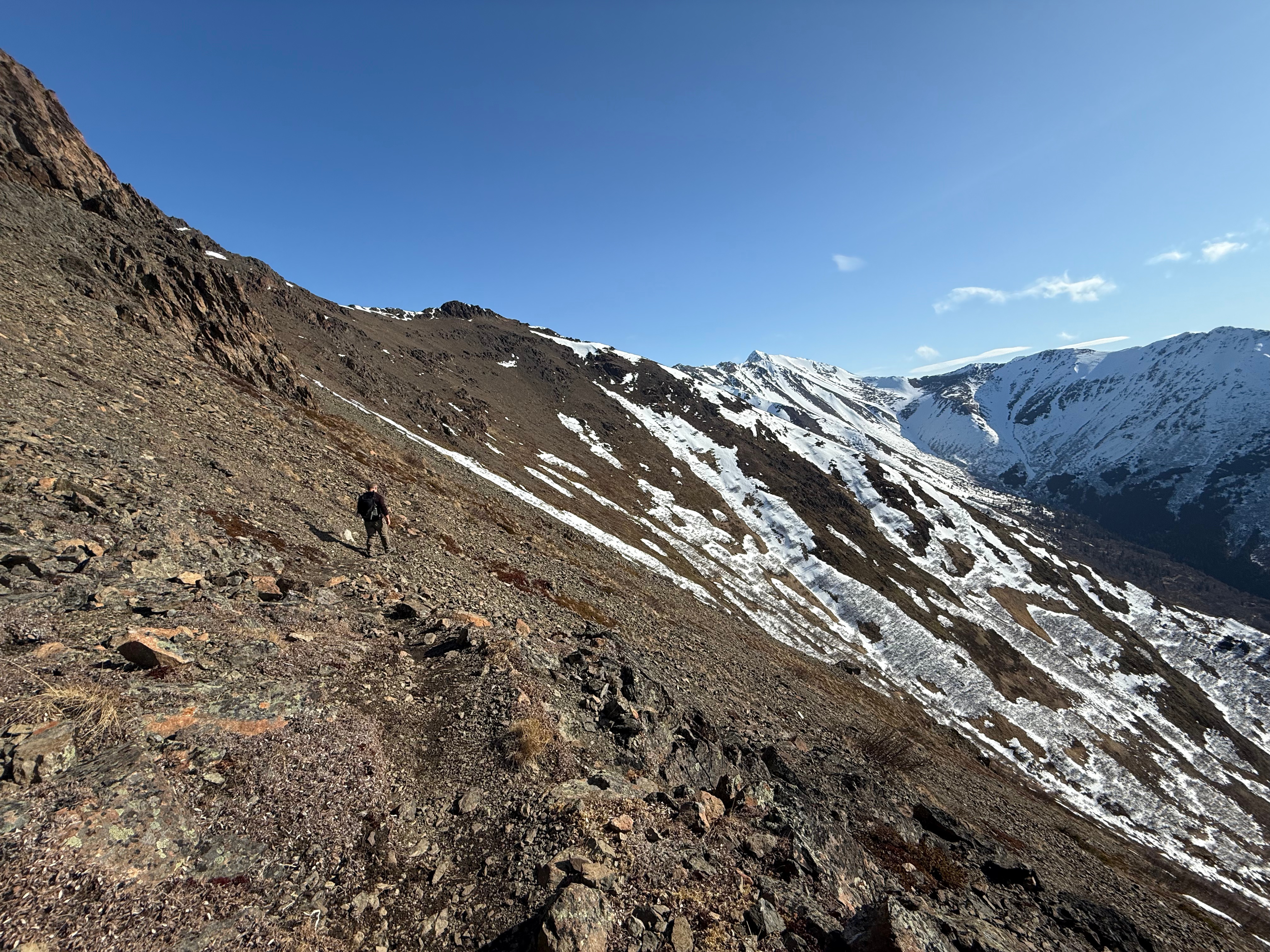 A hiker traverses along a steep scree slope. Snow covered mountains are in the distance along the u-shaped ridge.