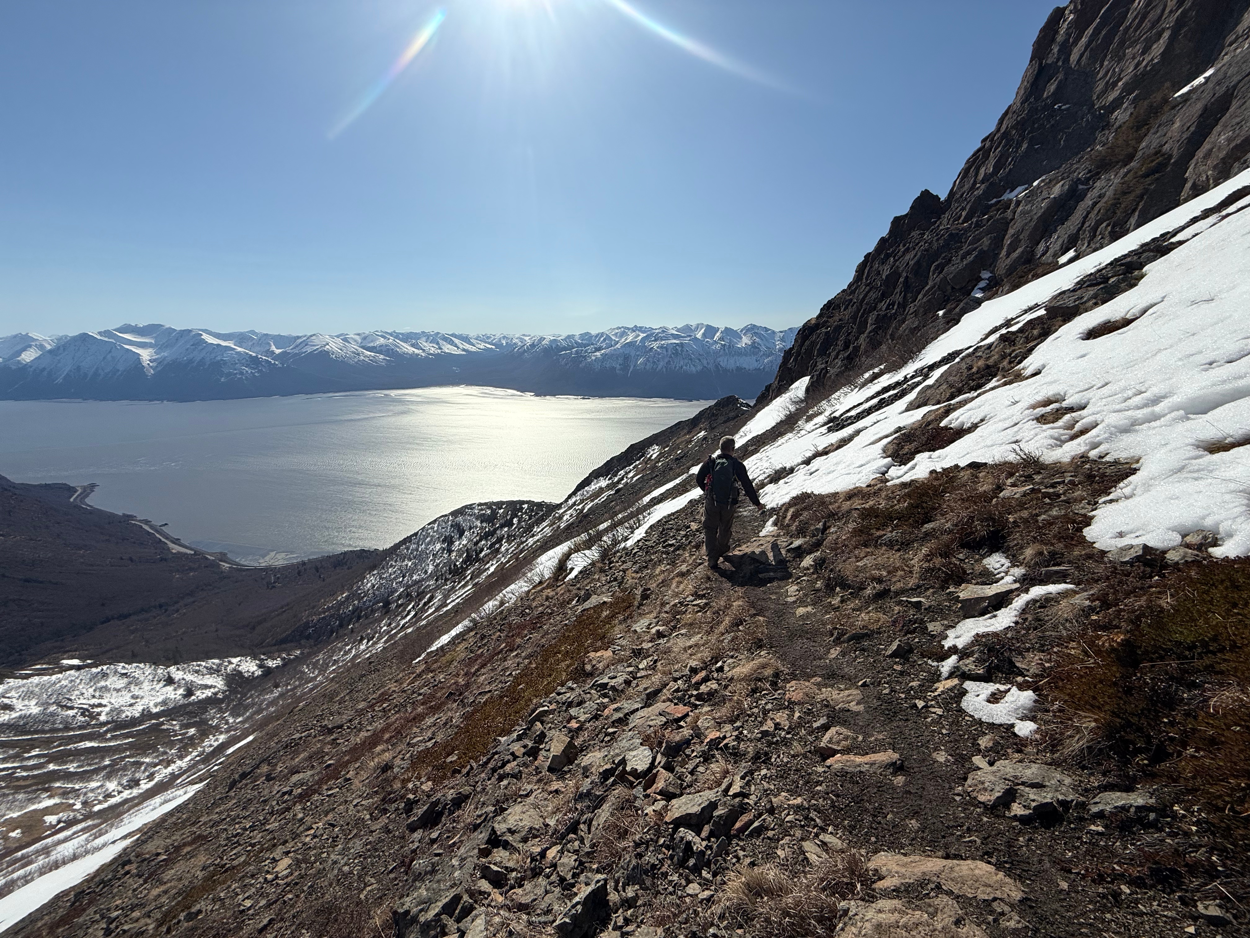 Returning along the traverse trail towards the second step.