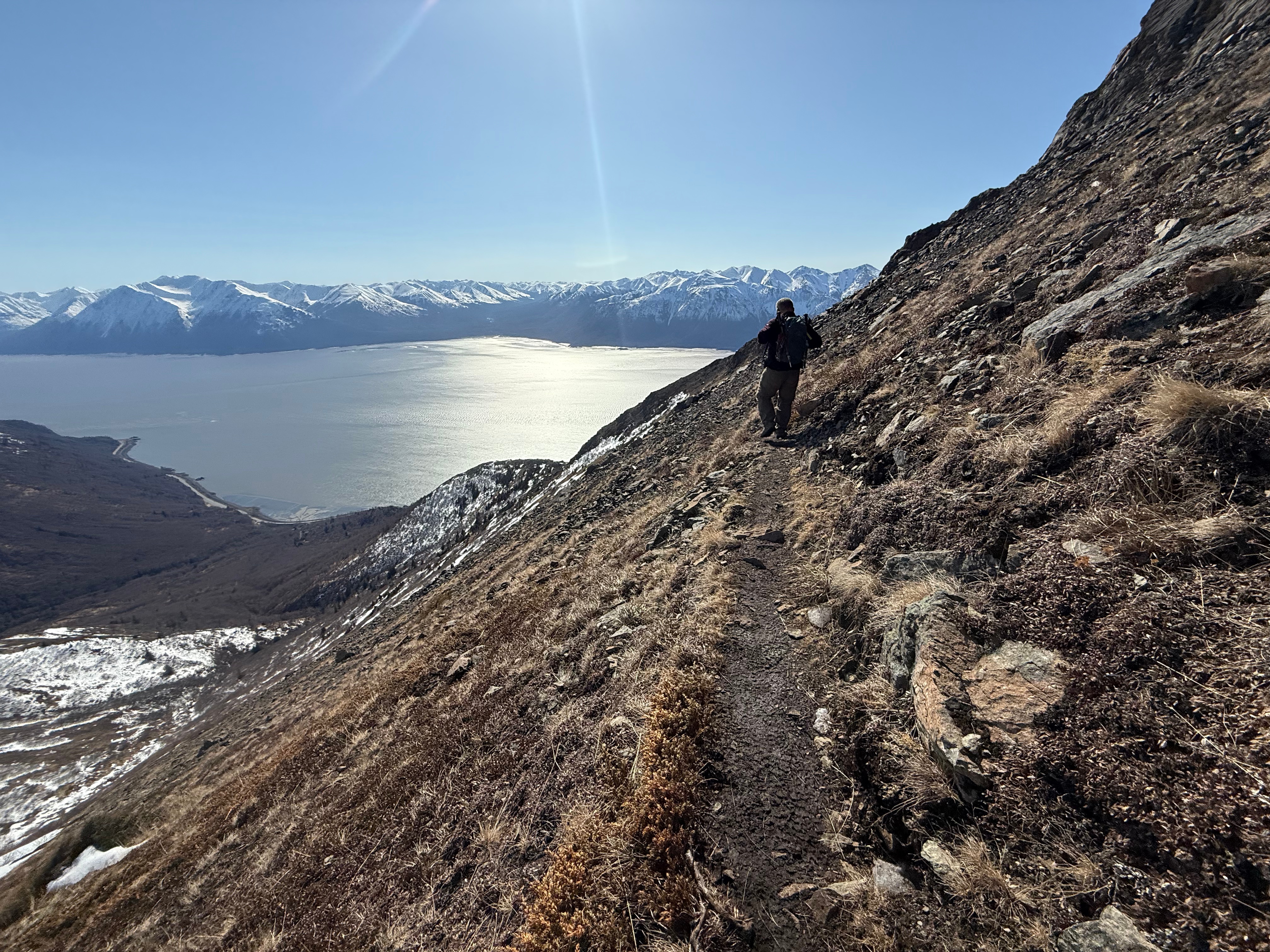 Returning along the traverse trail towards the second step.