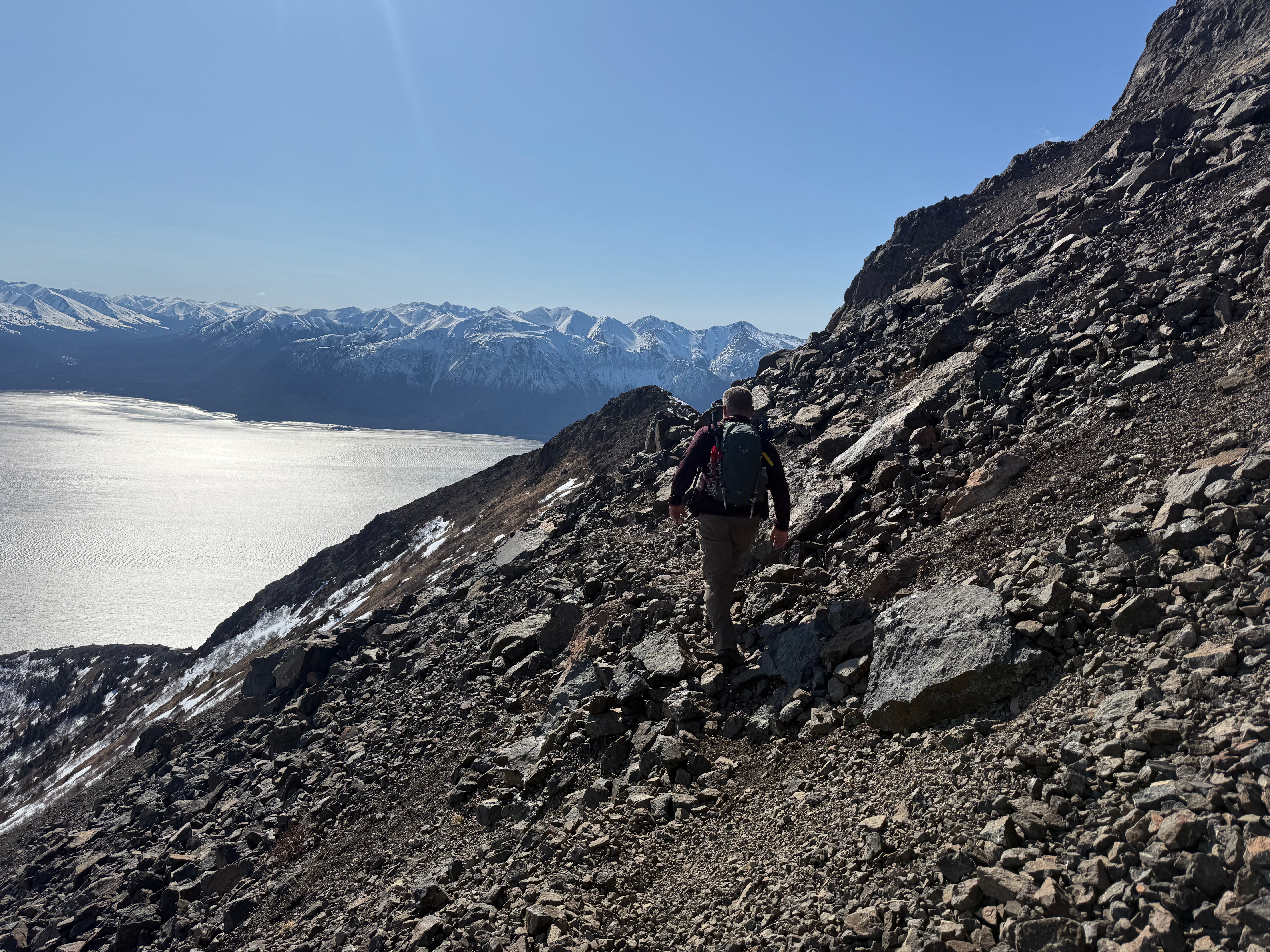 Returning along the traverse trail towards the second step.