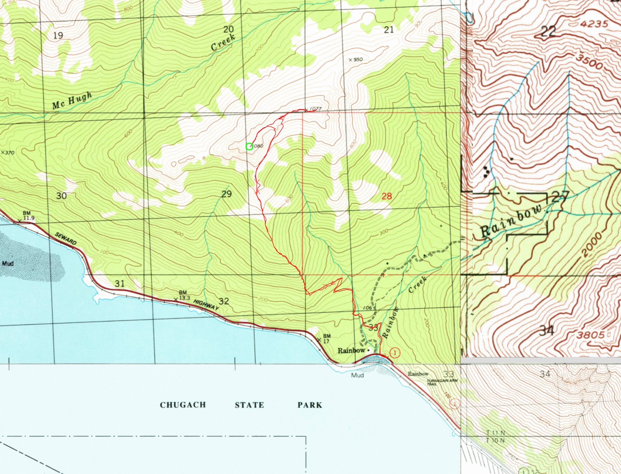 Topo map showing the T shaped route we took
