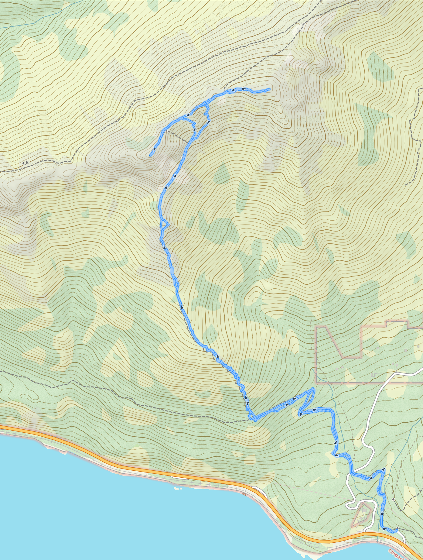 Topo map showing the T shaped route we took